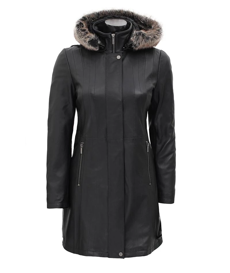Women’s Black Hooded Leather Coat